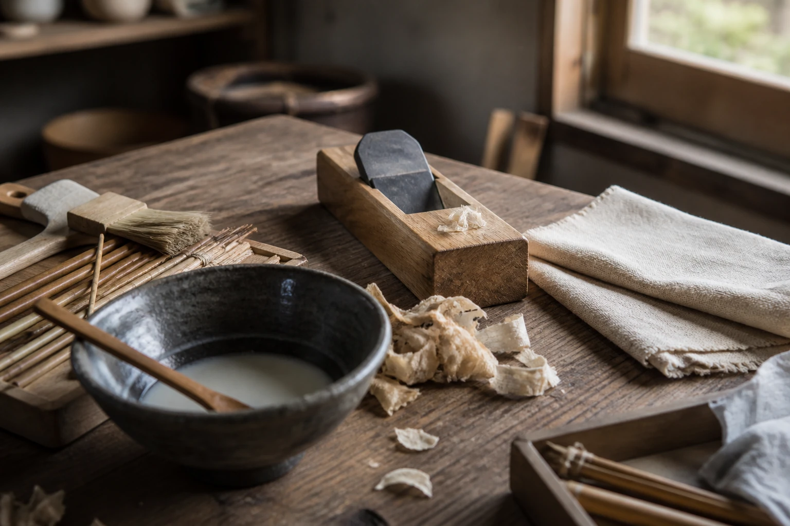 Unbranded Japanese craft tools on an artisan workbench