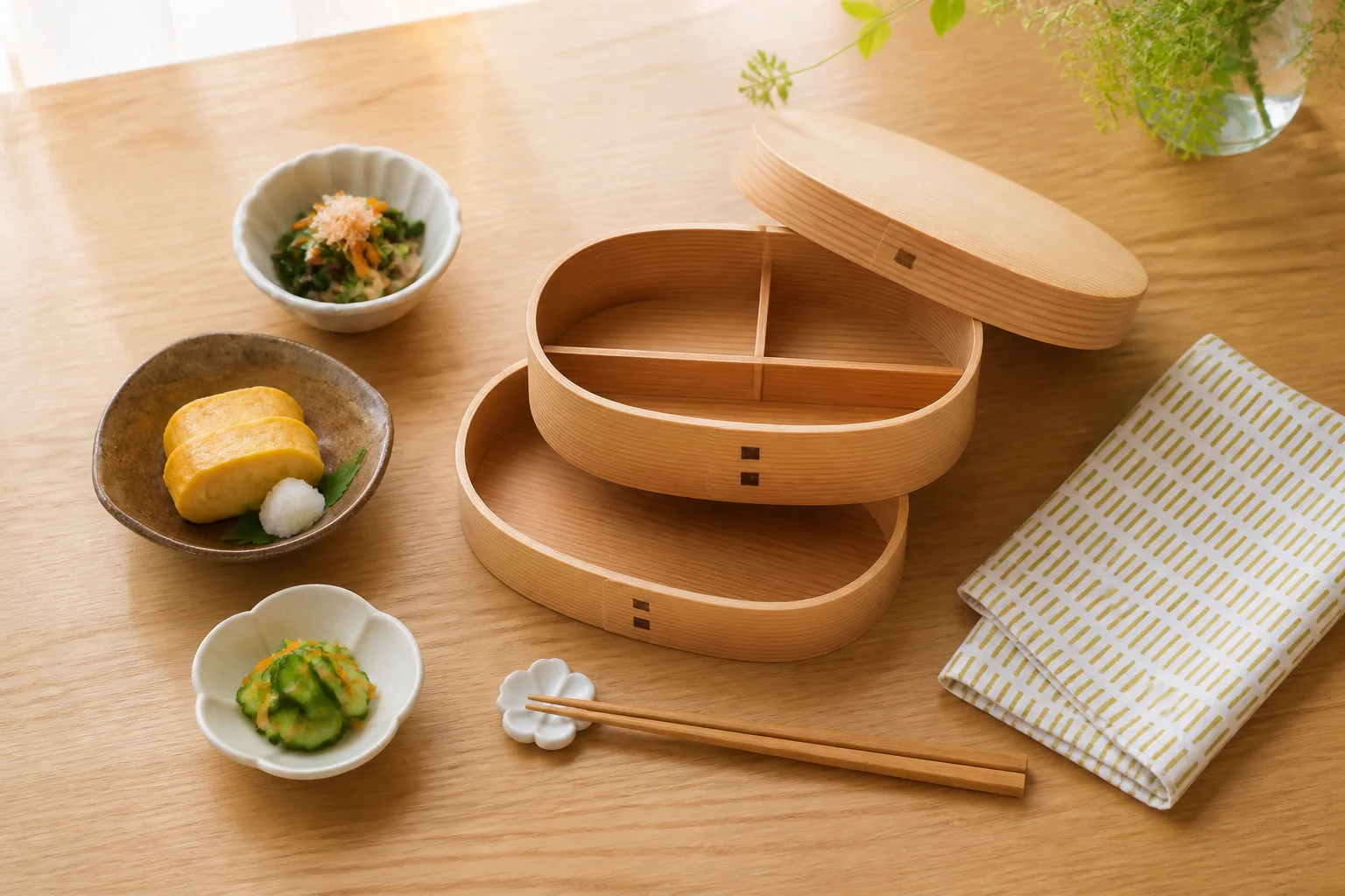 An unbranded bento-style table setting prepared as a gift