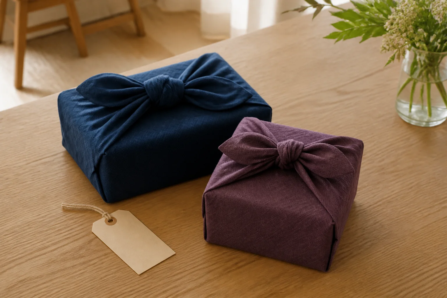 An unbranded gift wrapped in furoshiki cloth