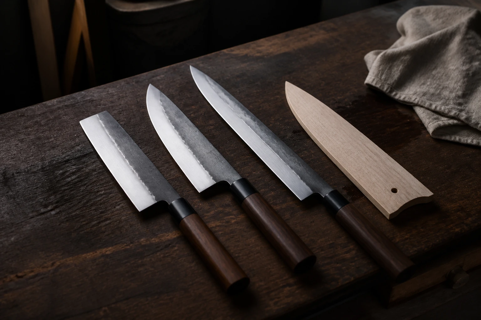 Unbranded Japanese-style kitchen knives on a dark workbench