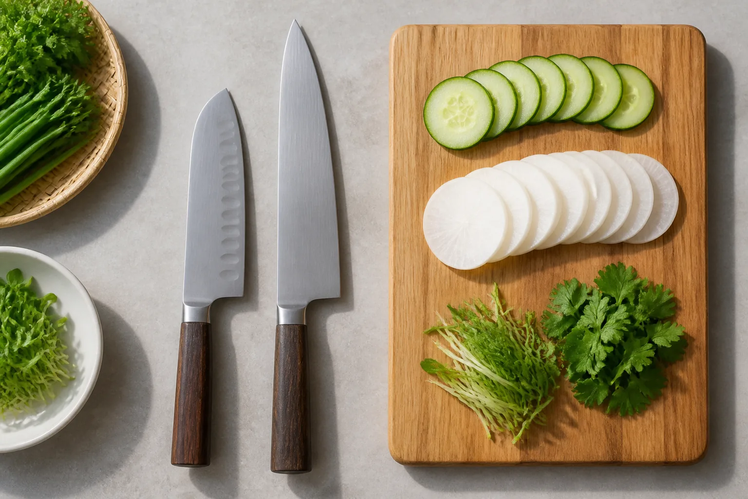 Unbranded kitchen knives and sliced vegetables on a wooden board