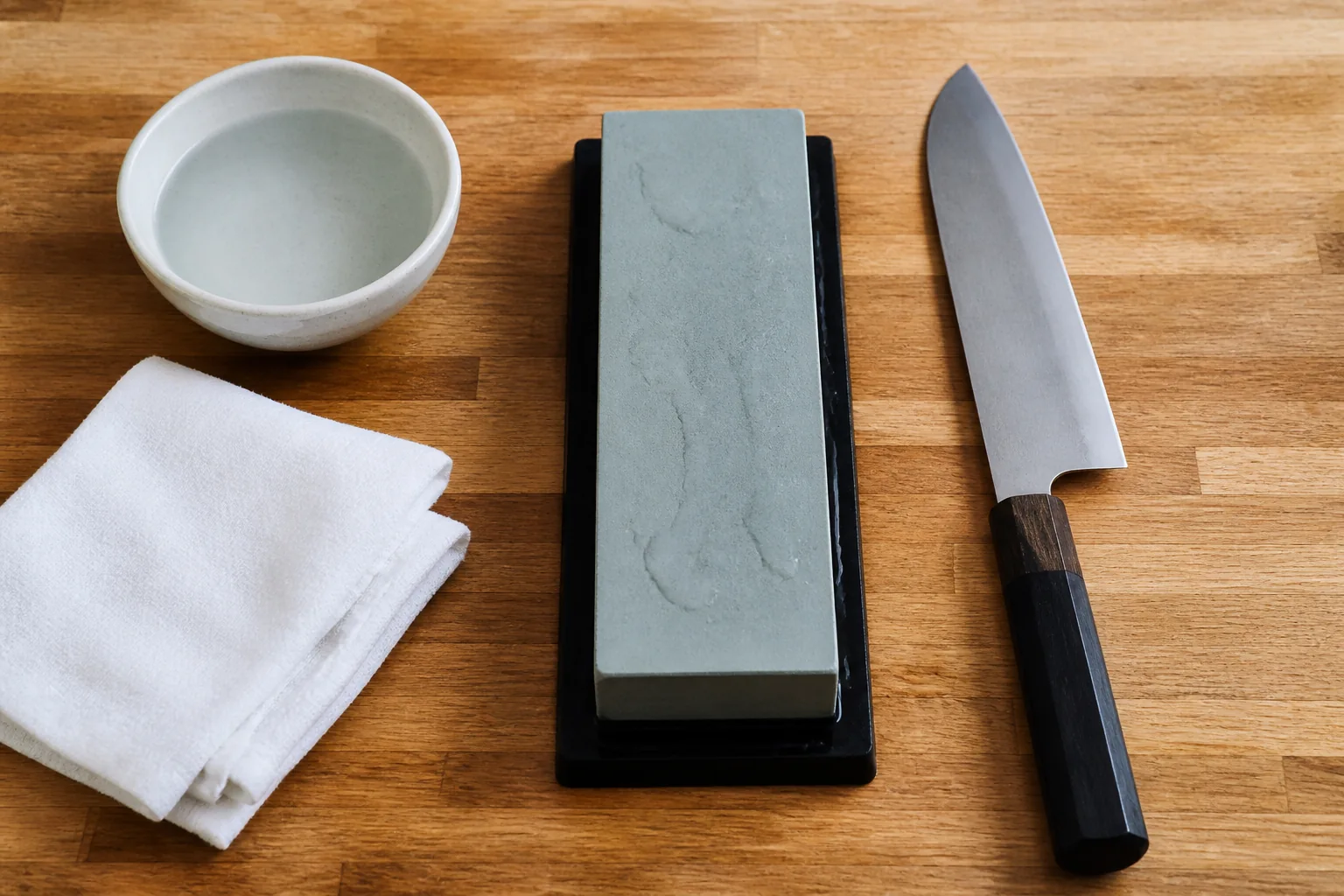 An unbranded knife being sharpened on a whetstone