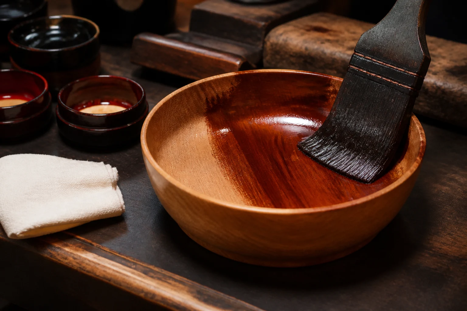 An artisan brush and unbranded lacquerware tools on a workbench