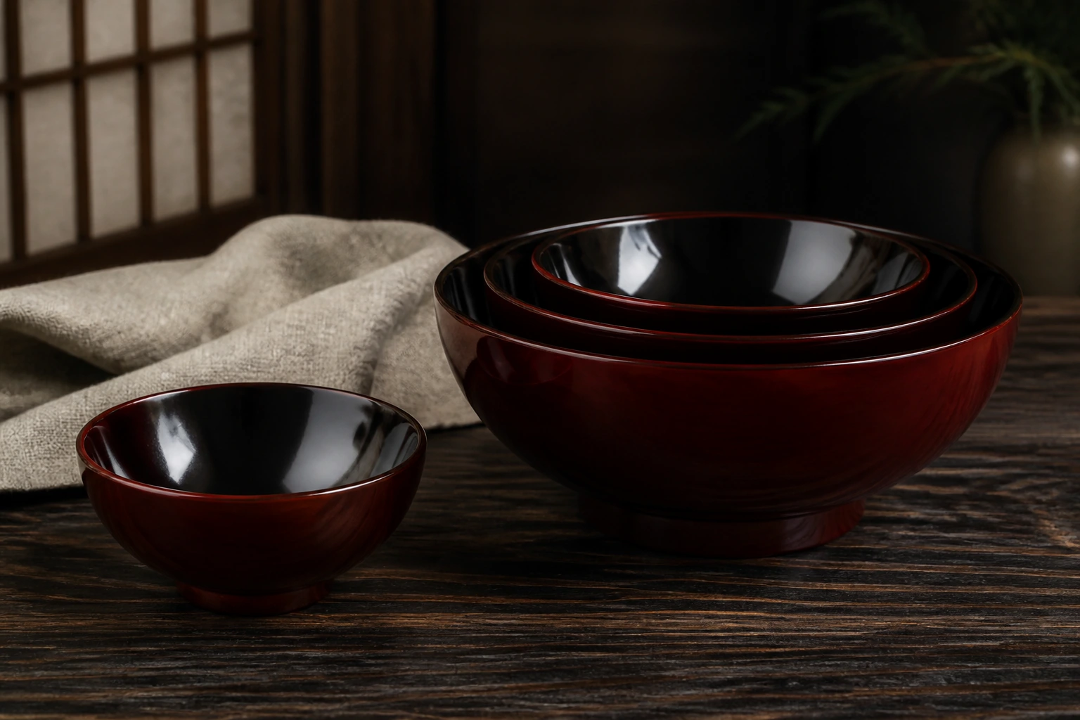 Unbranded lacquer bowls arranged as a material study