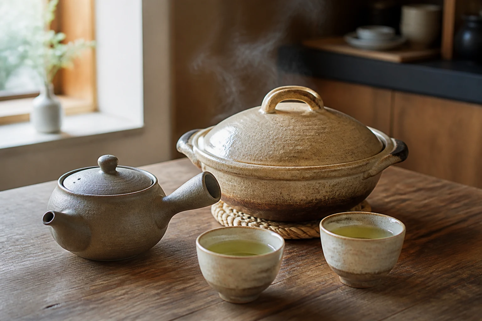 Unbranded Japanese-style teaware arranged on a wooden table