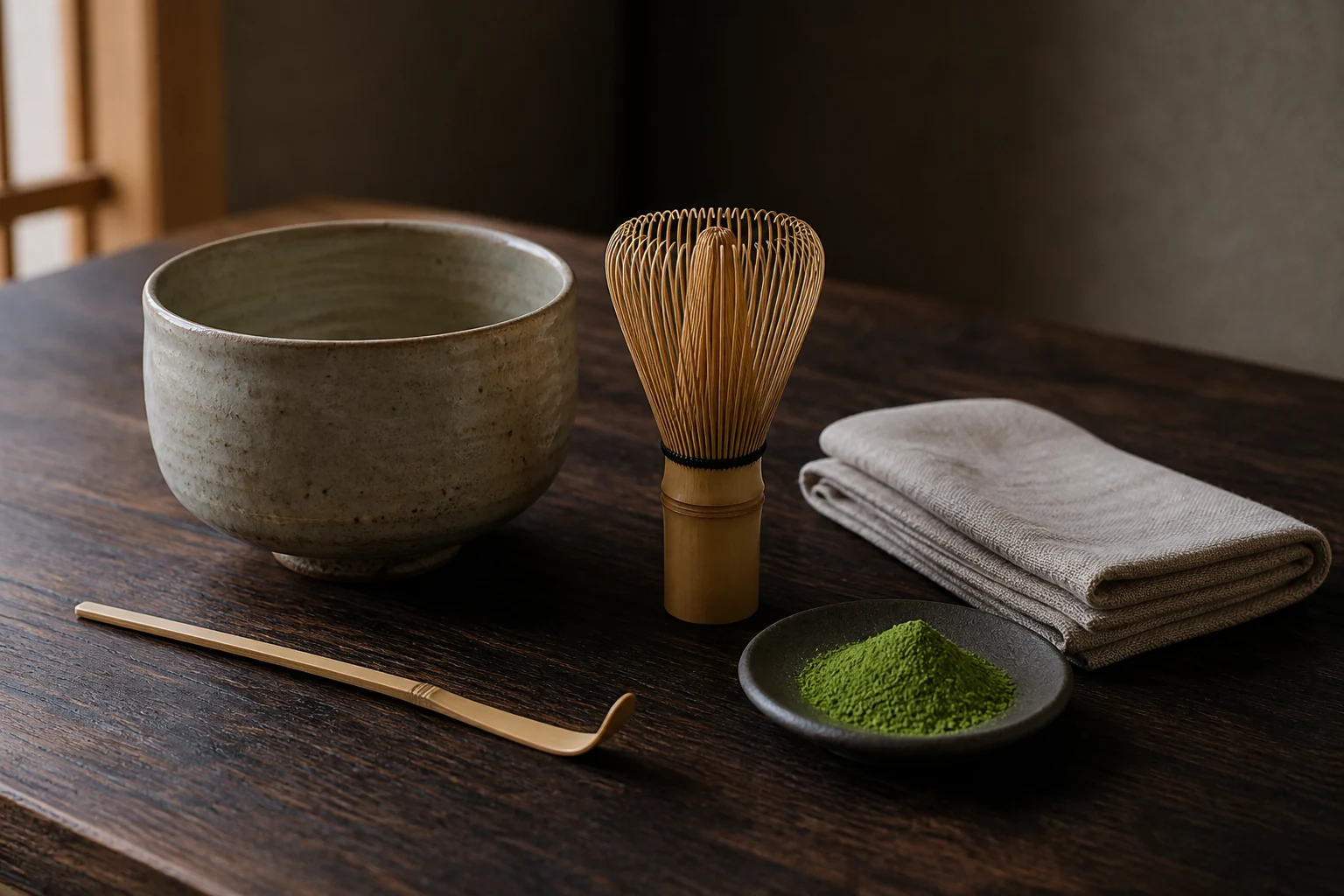 Unbranded matcha tools arranged as a quiet still life